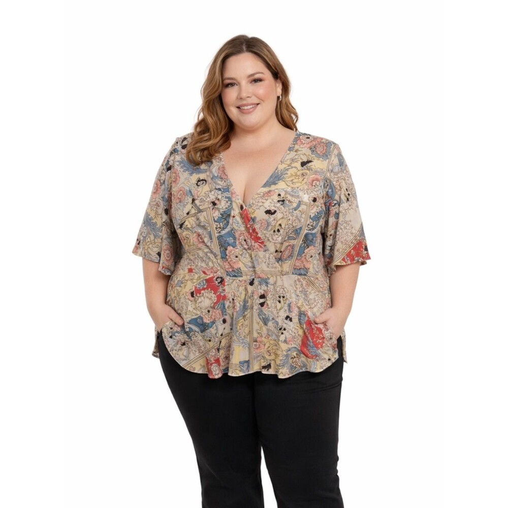 City Chic Tan Floral Faux-Wrap Peplum Top